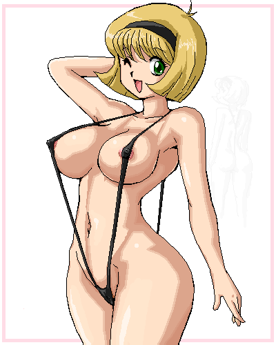 isu, hosokawa miki, jigoku sensei nube, lowres, 1990s (style), 1girl, ;), areola slip, arm behind head, blonde hair, breasts, covered erect nipples, female focus, green eyes, hairband, large breasts, navel, one eye closed, pixel art, retro artstyle, short hair, slingshot swimsuit, smile, solo, swimsuit, when you see it