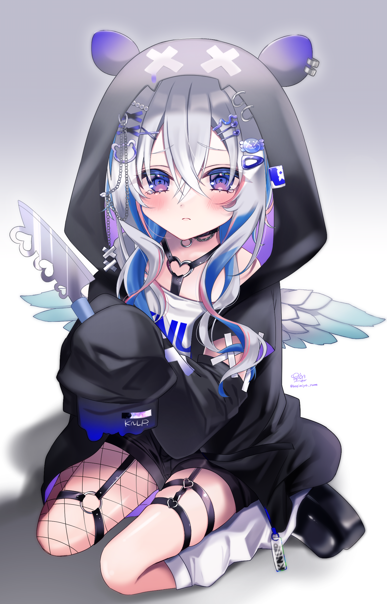 hosimiya yume, amane kanata, amane kanata (cutesy punk), hololive, commentary request, highres, 1girl, angel, angel wings, animal ear hood, black jacket, blue hair, blush, closed mouth, fake animal ears, fishnet thighhighs, fishnets, grey hair, hair ornament, hairpin, hood, hood up, jacket, looking at viewer, medium hair, multicolored hair, o-ring, o-ring thigh strap, pink streaks, purple eyes, shirt, single thighhigh, sleeves past fingers, sleeves past wrists, socks, solo, streaked hair, thigh strap, thighhighs, two-tone hair, virtual youtuber, white shirt, white socks, wings, x hair ornament