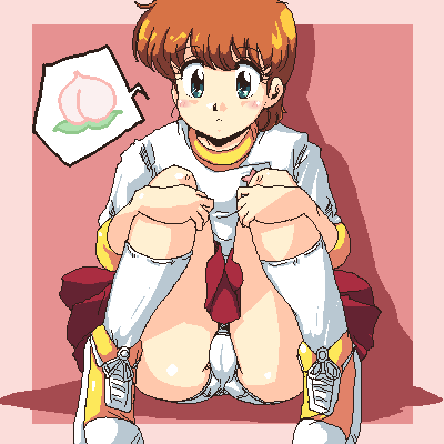 4040 (abonriya), kazuki mai, mahou no star magical emi, 1980s (style), aliasing, lowres, 1girl, cameltoe, female focus, looking at viewer, magical girl, oldschool, panties, pantyshot, retro artstyle, shoes, short hair, simple background, skirt, sneakers, solo, speech bubble, underwear, white panties
