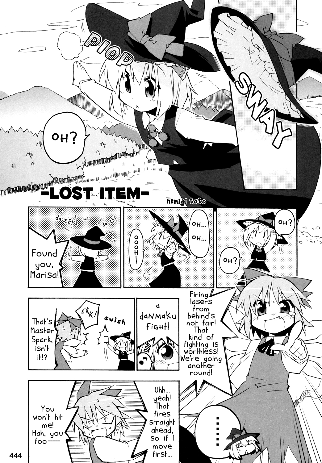 toto nemigi, cirno, kirisame marisa, rumia, embodiment of scarlet devil, touhou, hard-translated, highres, non-web source, third-party edit, translated, :d, borrowed clothes, comic, cosplay, english text, greyscale, hat, headwear switch, kirisame marisa (cosplay), monochrome, open mouth, smile, spell card, sweat, witch, witch hat, | |