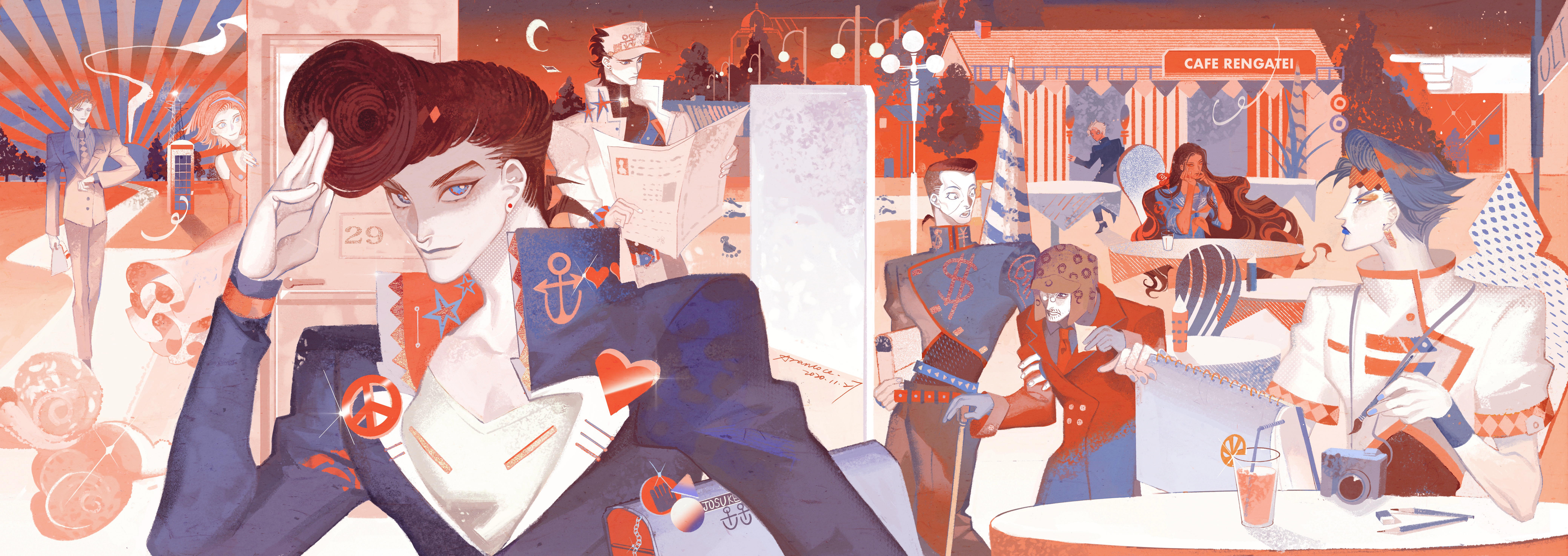 aranloce, higashikata josuke, hirose koichi, joseph joestar, joseph joestar (old), kira yoshikage, kishibe rohan, kuujou joutarou, nijimura okuyasu, sugimoto reimi, yamagishi yukako, diamond wa kudakenai, jojo no kimyou na bouken, absurdres, commentary, highres, 2girls, 6+boys, beard, camera, cane, dollar sign, eraser, facial hair, formal clothes, gakuran, hat, holding, holding cane, multiple boys, multiple girls, necktie, old, old man, peace symbol, pencil, pompadour, school uniform, yen sign