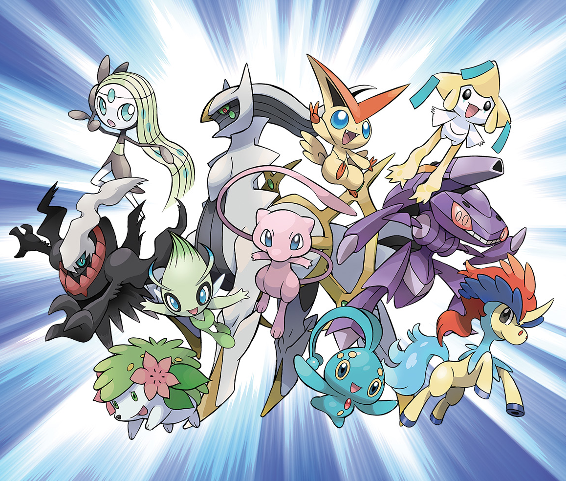 ariga hitoshi, arceus, celebi, darkrai, genesect, jirachi, keldeo, keldeo (ordinary), manaphy, meloetta, meloetta (aria), mew (pokemon), shaymin, shaymin (land), victini, nintendo, pokemon, commentary, english commentary, official art, third-party source, :o, antennae, aqua sclera, blue eyes, colored sclera, fairy wings, fangs, flower, gen 1 pokemon, gen 2 pokemon, gen 3 pokemon, gen 4 pokemon, gen 5 pokemon, green eyes, green sclera, horns, legendary pokemon, mythical pokemon, no humans, open mouth, outstretched arms, pink flower, pokemon (creature), pokemon focus, red eyes, single horn, smile, spread arms, teeth, v, white eyes, wings, yellow sclera