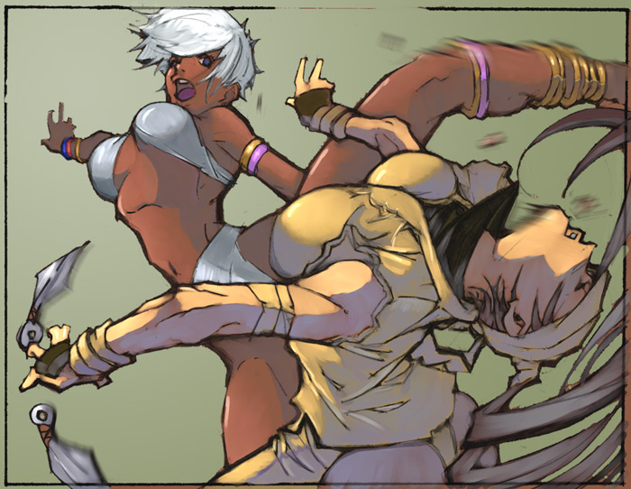 elena (street fighter), ibuki (street fighter), capcom, street fighter, street fighter iii (series), 2girls, anklet, barefoot, battle, bracelet, capoeira, clothing cutout, dark-skinned female, dark skin, hip vent, jewelry, kicking, kunai, long hair, multiple girls, ninja, weapon, white hair