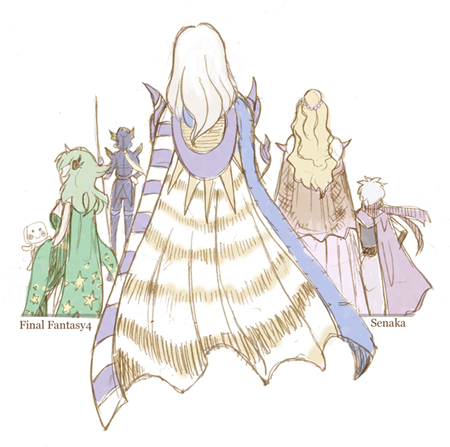 naa (54891637), cain highwind, cecil harvey, edward geraldine, rosa farrell, rydia (ff4), whyt, final fantasy, final fantasy iv, lowres, 1990s (style), 2girls, 3boys, armor, blonde hair, cape, green hair, helmet, long hair, multiple boys, multiple girls, short hair, white hair
