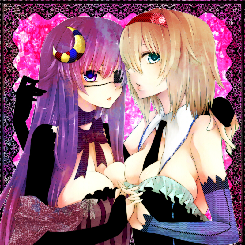 yutazou, alice margatroid, patchouli knowledge, touhou, bad id, bad pixiv id, 2girls, :<, alternate hairstyle, arm around neck, blonde hair, blue eyes, breast press, breasts, bridal gauntlets, cleavage, crescent, crescent hair ornament, eyepatch, female focus, hair ornament, hairband, large breasts, lips, long hair, multiple girls, purple eyes, purple hair, short hair, symmetrical docking, yuri