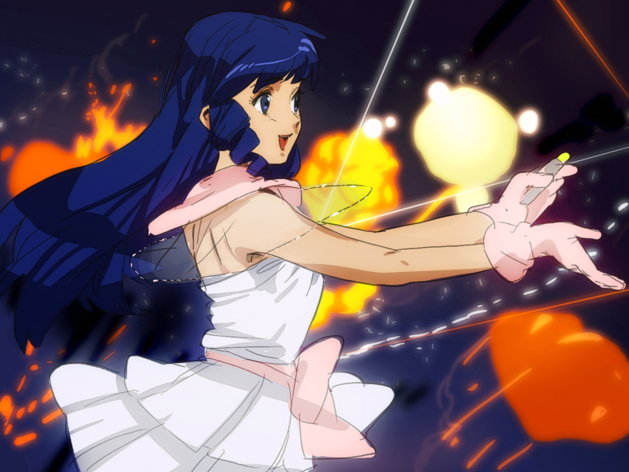 umishima senbon, lynn minmay, choujikuu yousai macross, macross, macross: do you remember love?, 1980s (style), bad id, bad pixiv id, battle, blue hair, bow, dress, explosion, gloves, oldschool, retro artstyle, skirt, solo, space, war