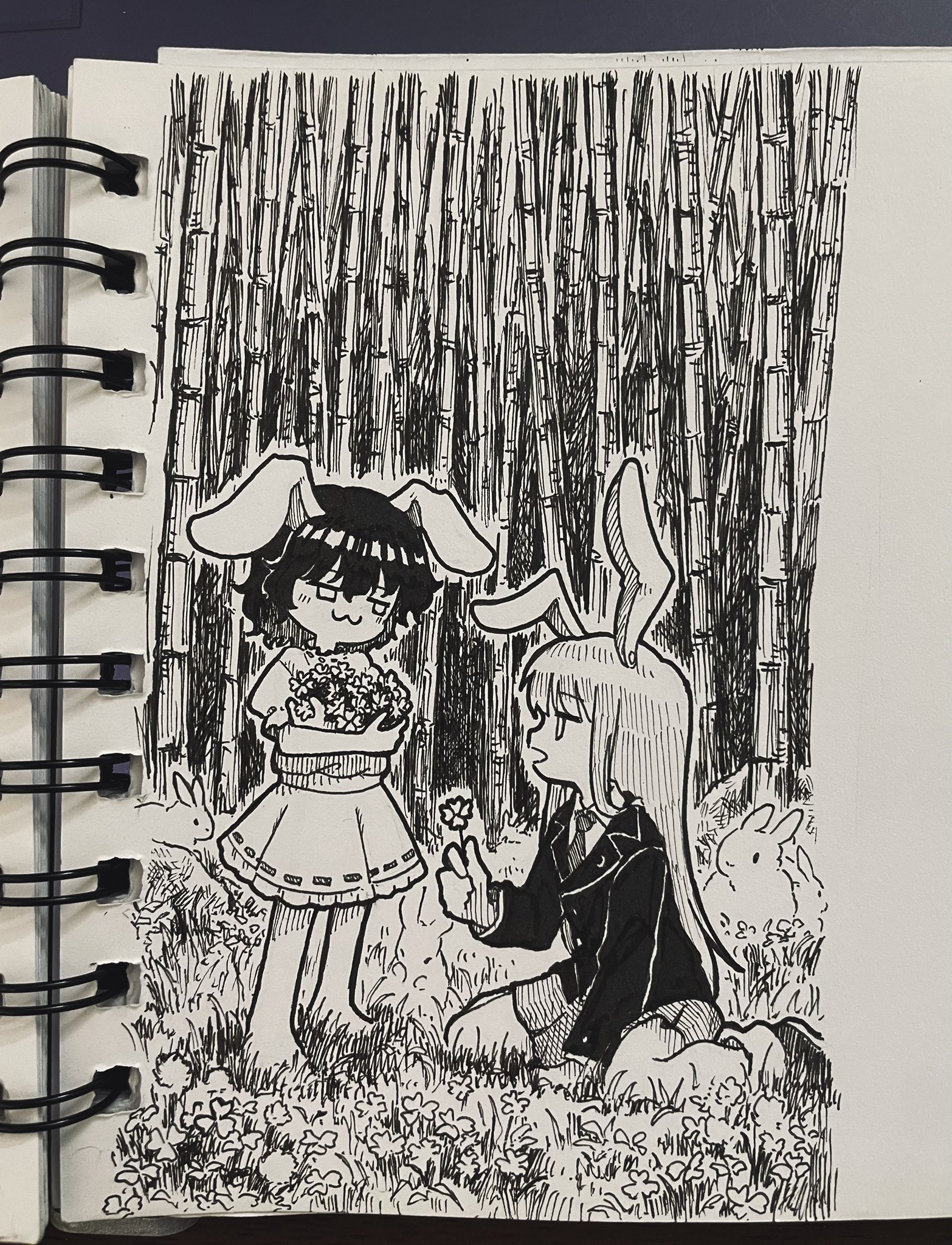 suteruko, inaba tewi, reisen udongein inaba, touhou, highres, photo (medium), traditional media, 2girls, :3, animal ears, bamboo, bamboo forest, blazer, closed mouth, clover, collared shirt, crescent, crescent pin, dress, forest, four-leaf clover, greyscale, holding, jacket, long hair, monochrome, multiple girls, nature, necktie, rabbit, rabbit ears, rabbit girl, ribbon-trimmed dress, ribbon trim, shirt, shoes, sitting, skirt, smile, smug, socks, very long hair, wariza