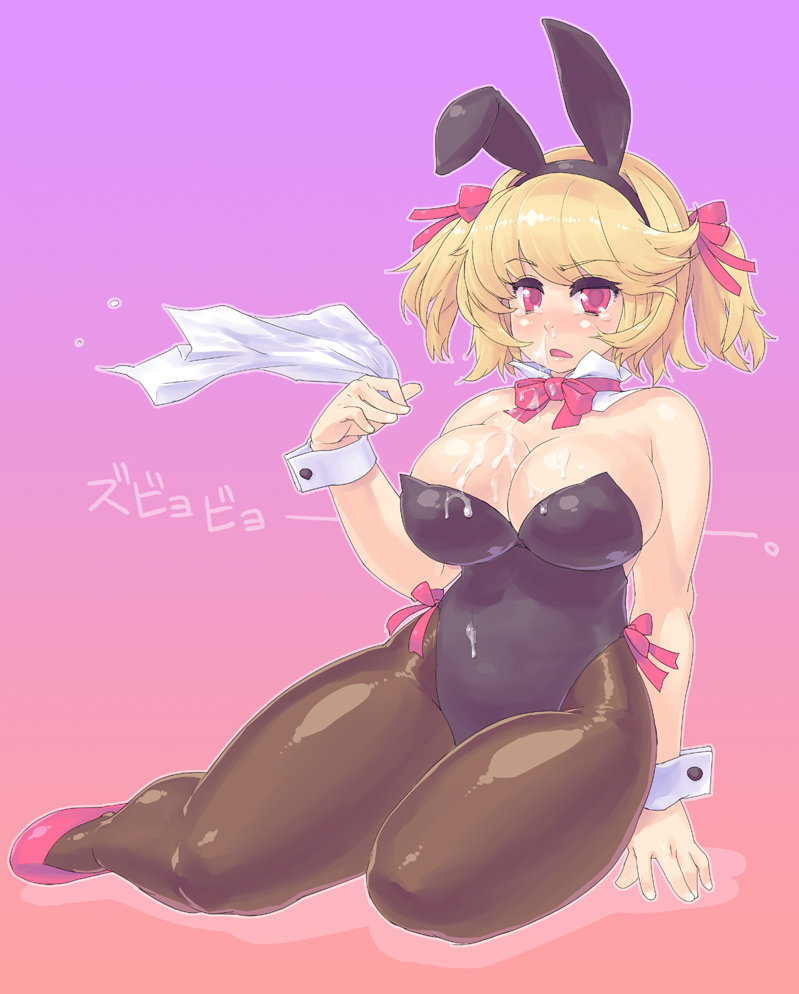 fax ogawa, original, 1girl, animal ears, blonde hair, breasts, cleavage, curvy, fake animal ears, female focus, handkerchief, huge breasts, pantyhose, playboy bunny, rabbit ears, red eyes, sexually suggestive, short hair, snot, solo, thick thighs, thighs, twintails