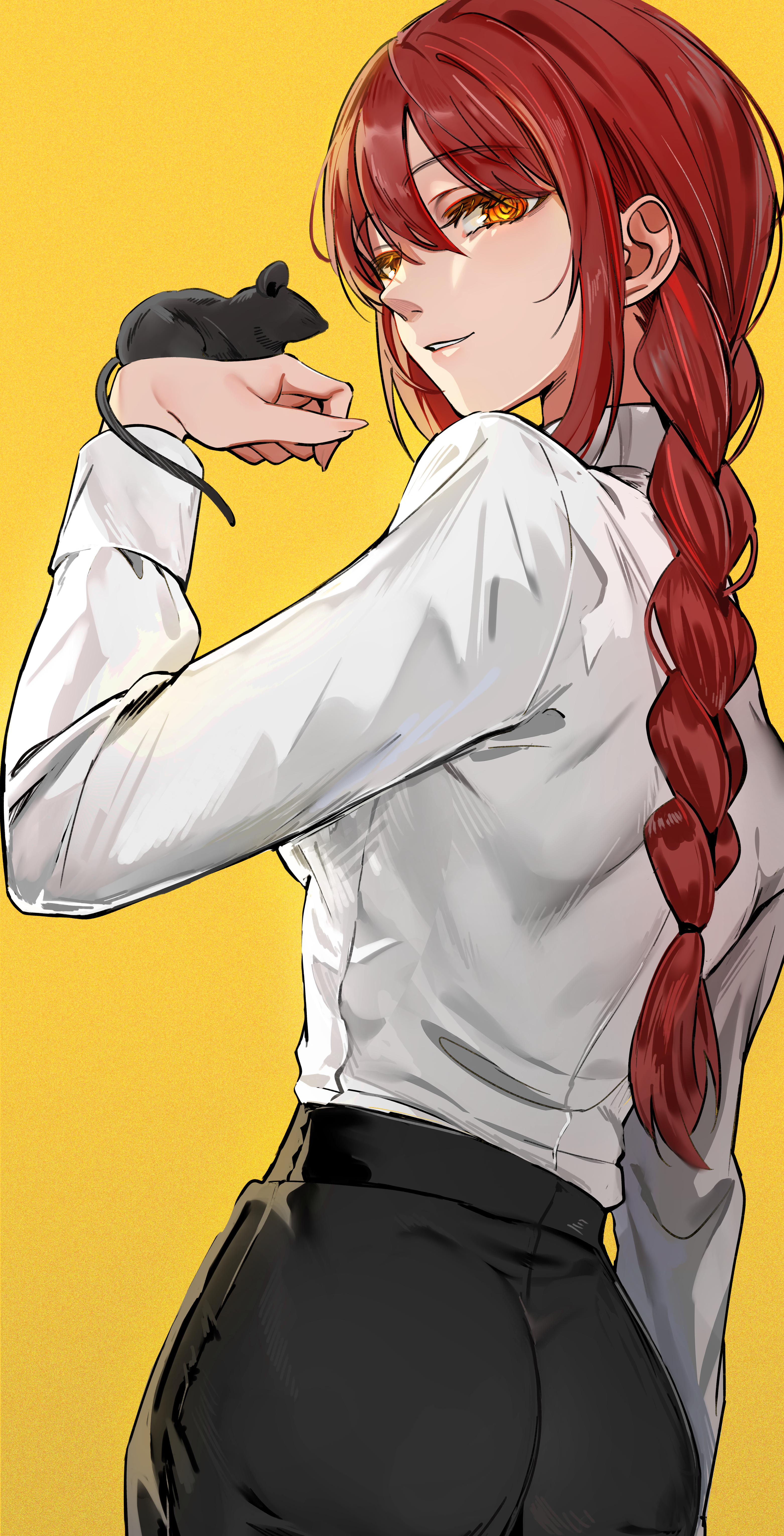 rubianeko, makima (chainsaw man), chainsaw man, absurdres, commentary, highres, 1girl, animal, animal on hand, black pants, braid, braided ponytail, dress shirt, fingernails, light smile, long hair, long sleeves, looking at viewer, looking to the side, mouse (animal), orange eyes, pants, red hair, ringed eyes, shirt, shirt tucked in, simple background, solo, very long hair, white shirt, yellow background