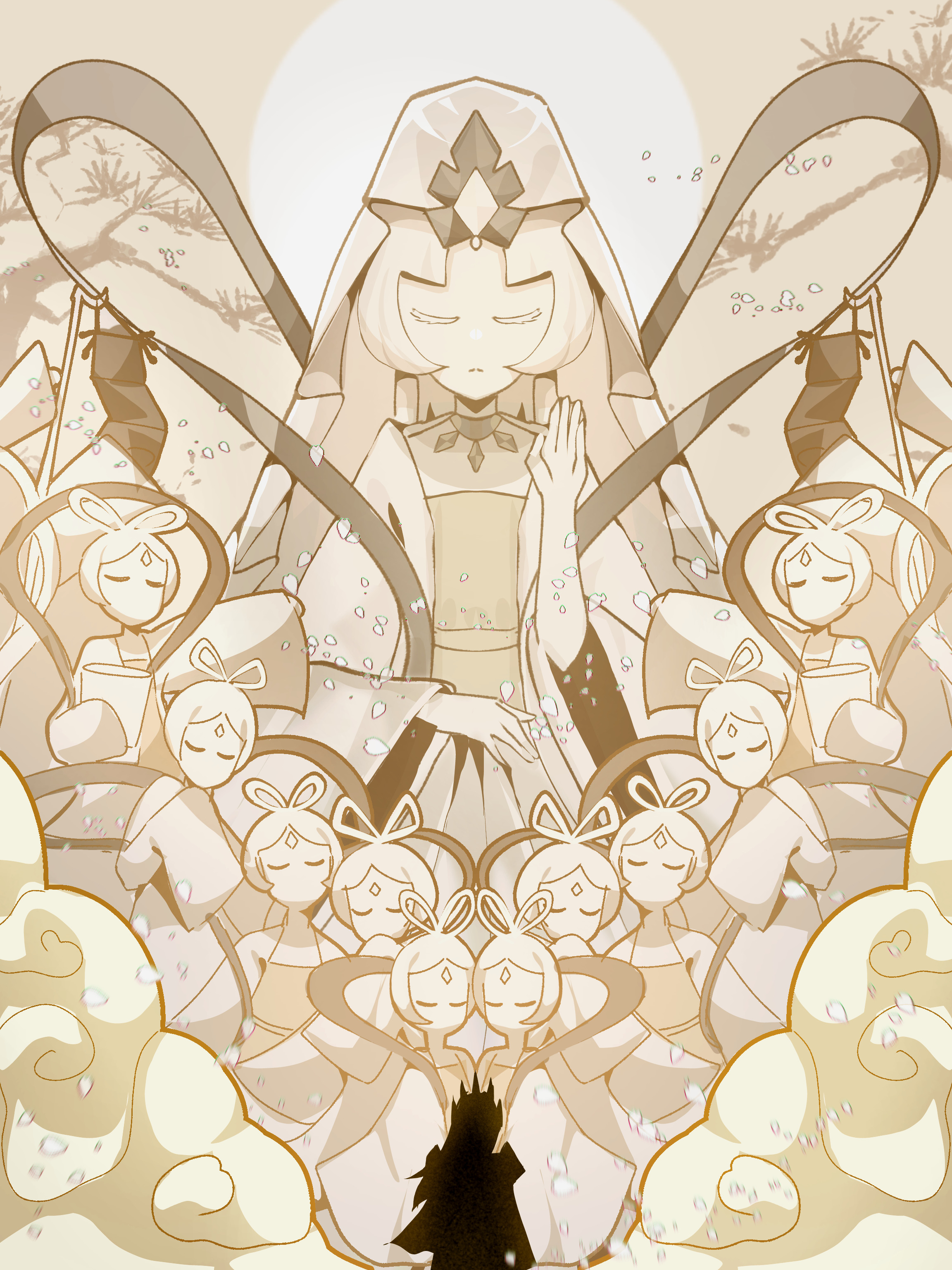 esprungtinkle, dark cacao cookie, mystic flour cookie, cookie run, cookie run: kingdom, absurdres, commentary, english commentary, highres, 1boy, 6+girls, black hair, chinese clothes, closed eyes, closed mouth, diamond (gemstone), long hair, long sleeves, multiple girls, pale skin, robe, veil, very long hair, white hair, white robe, white veil, wide sleeves