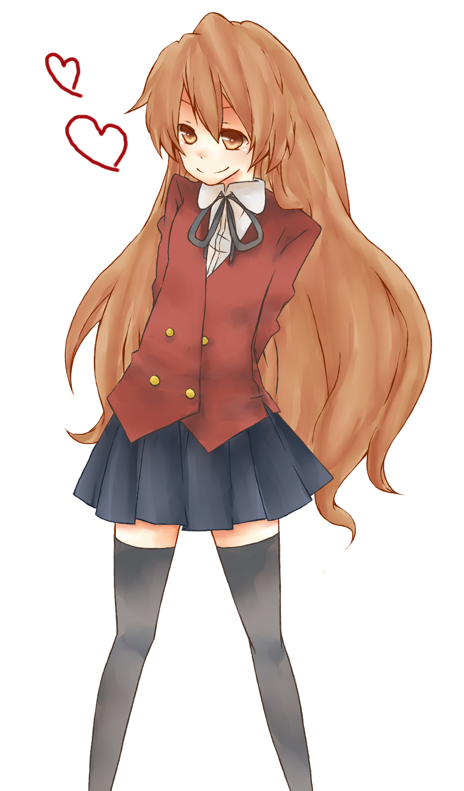 mihaya, aisaka taiga, toradora!, bad id, bad pixiv id, highres, brown eyes, brown hair, long hair, school uniform, smile, solo, thighhighs, very long hair, zettai ryouiki