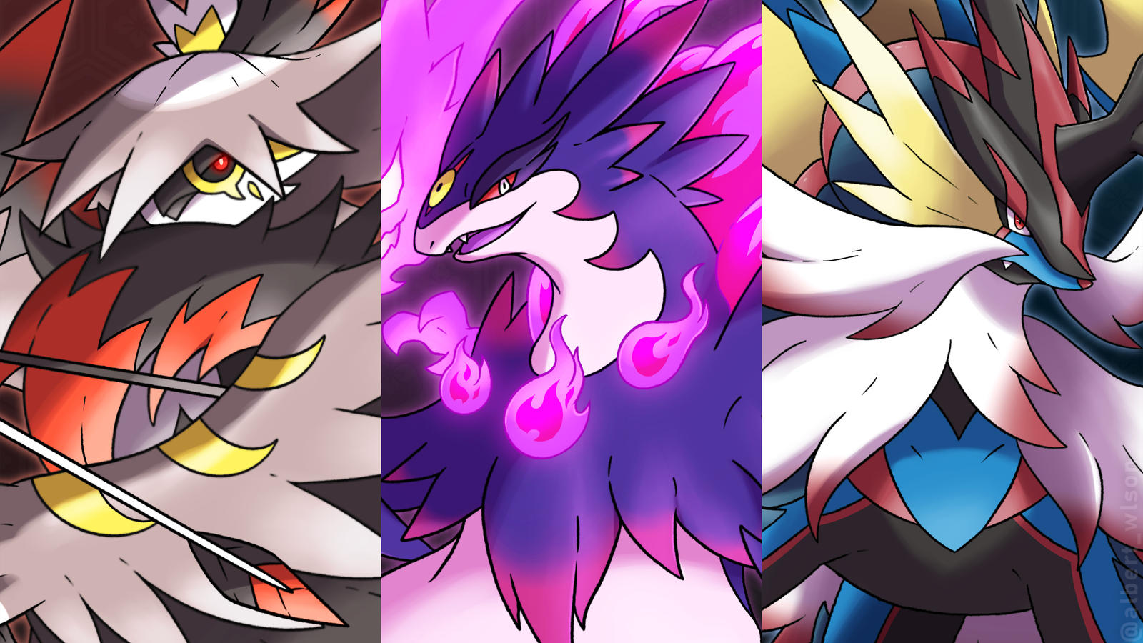 albrt-wlson, gengar, gyarados, hisuian decidueye, hisuian samurott, hisuian typhlosion, mega gengar, mega gyarados, mega staraptor, staraptor, nintendo, pokemon, commentary, english commentary, highres, arrow (projectile), black sclera, bright pupils, closed mouth, colored sclera, fangs, fire, fusion, gen 1 pokemon, gen 4 pokemon, mega pokemon, no humans, one eye covered, open mouth, pink fire, pokemon (creature), pokemon focus, red eyes, red sclera, smile, starter pokemon trio, white eyes, white pupils