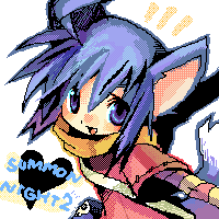 yuel (summon night), summon night, artist request, bad id, commentary request, lowres, 1girl, :d, ahoge, animal ears, blue eyes, blue hair, copyright name, heart, jaggy lines, open mouth, scarf, short hair, smile, solo, tail, yellow scarf