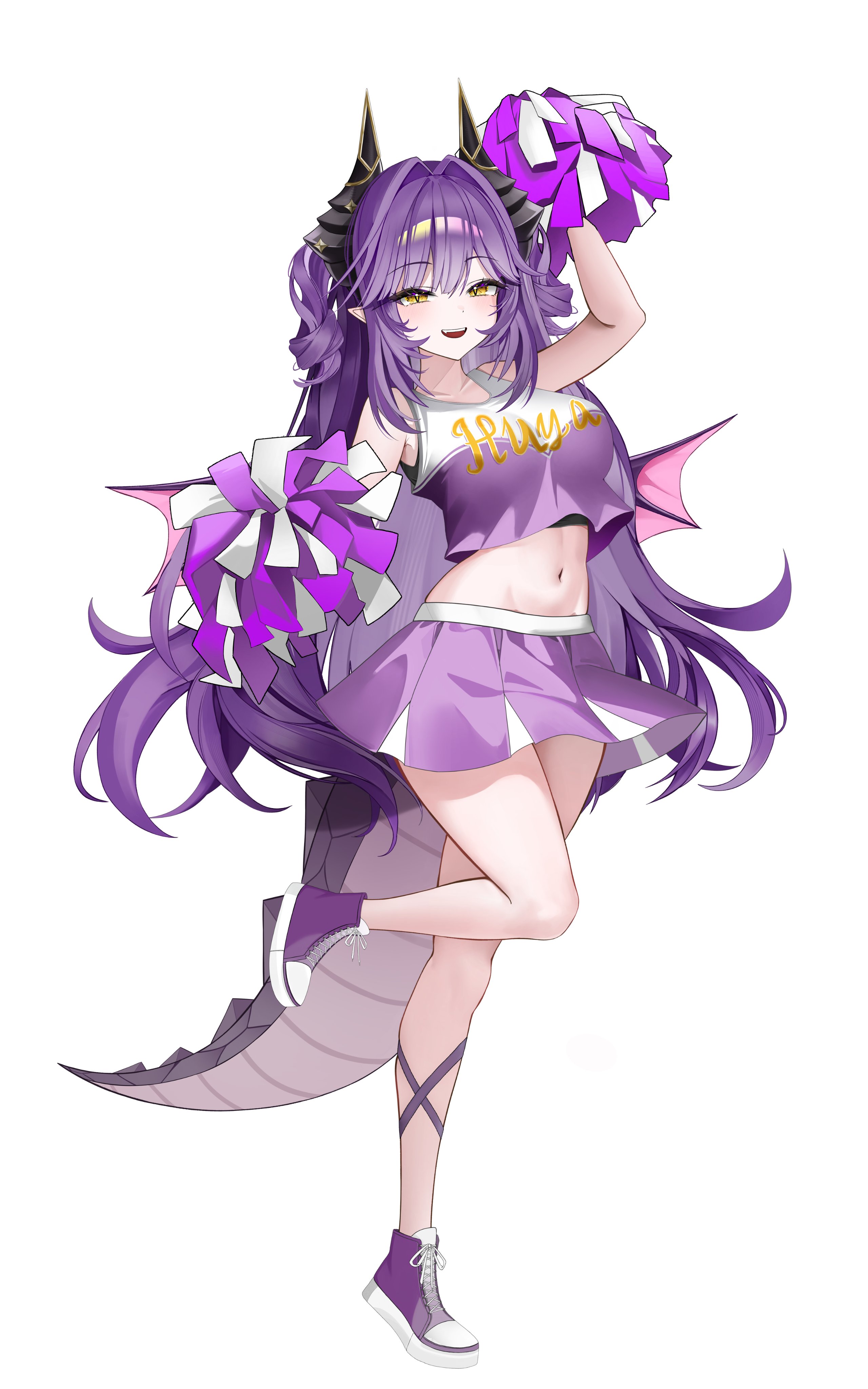 hezzu 0, sakihane huya, stellive, absurdres, hashtag-only commentary, highres, 1girl, breasts, cheerleader, collarbone, crop top, dragon girl, dragon horns, dragon tail, dragon wings, full body, holding, holding pom poms, horns, large breasts, long hair, midriff, navel, open mouth, pleated skirt, pom pom (cheerleading), pom poms, purple hair, purple shoes, purple skirt, shoes, simple background, skirt, solo, standing, standing on one leg, tail, very long hair, virtual youtuber, white background, wings, yellow eyes