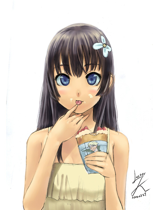 lasterk, saten (needless), saten ruiko, needless, toaru kagaku no railgun, toaru majutsu no index, 1girl, :p, black hair, blue eyes, casual, crepe, crossover, dated, female focus, flower, food, hair flower, hair ornament, licking, long hair, name connection, signature, solo, tongue, tongue out