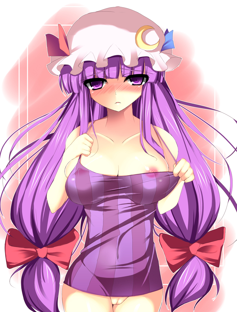 shikano sumiaki, patchouli knowledge, touhou, bad id, bad pixiv id, 1girl, blush, bow, breasts, crescent, crescent hat ornament, female focus, hair bow, hat, hat ornament, large breasts, long hair, nipples, no bra, no panties, purple eyes, purple hair, pussy, see-through clothes, solo, twintails, uncensored