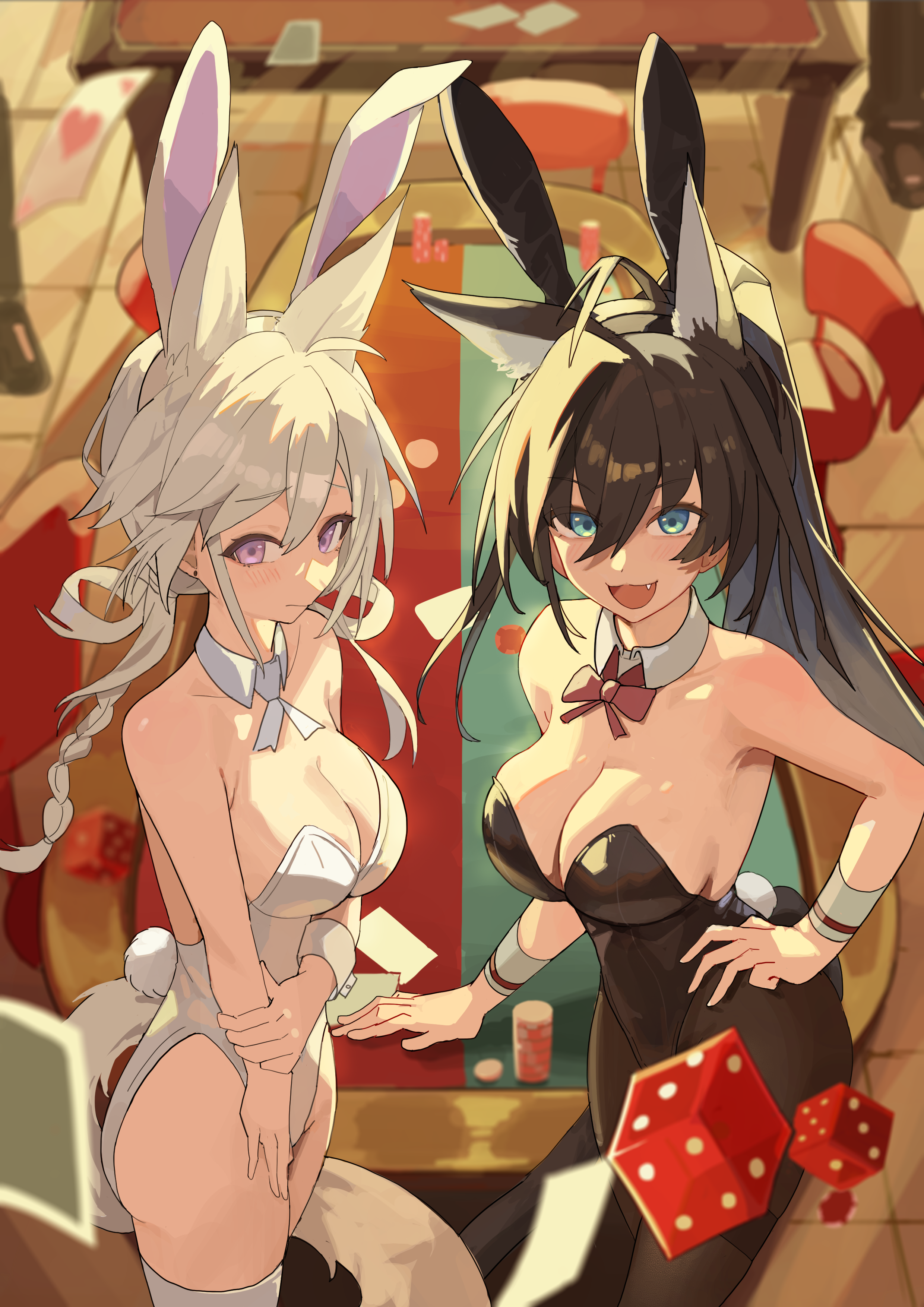 farewell (dpjp5277), blaze (arknights), xingzhu (arknights), arknights, absurdres, commentary, english commentary, highres, 2girls, adoptive siblings, ahoge, alternate costume, animal ears, arm under breasts, bare shoulders, black hair, black leotard, black pantyhose, blush, breasts, card, casino, cat ears, cat girl, cat tail, cleavage, closed mouth, collarbone, detached collar, dice, embarrassed, extra ears, fake animal ears, fake tail, fang, green eyes, hair intakes, hair rings, hand on own arm, hand on own hip, large breasts, leotard, long hair, looking at viewer, multiple girls, necktie, open mouth, pantyhose, playboy bunny, playing card, purple eyes, rabbit ears, rabbit tail, red necktie, siblings, sisters, smile, table, tail, thighband pantyhose, white hair, white leotard, white necktie, wrist cuffs
