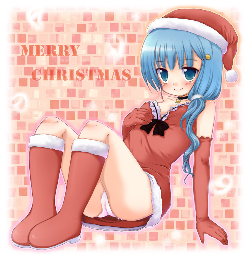akino ochiba, original, 1girl, arm support, blue eyes, blue hair, blush, boots, bow, christmas, dress, elbow gloves, female focus, gloves, hair ornament, hairpin, hat, jewelry, knee boots, leaning back, long hair, matching hair/eyes, necklace, panties, pantyshot, red dress, red gloves, red skirt, santa costume, santa hat, short dress, sitting, skirt, solo, underwear, white panties