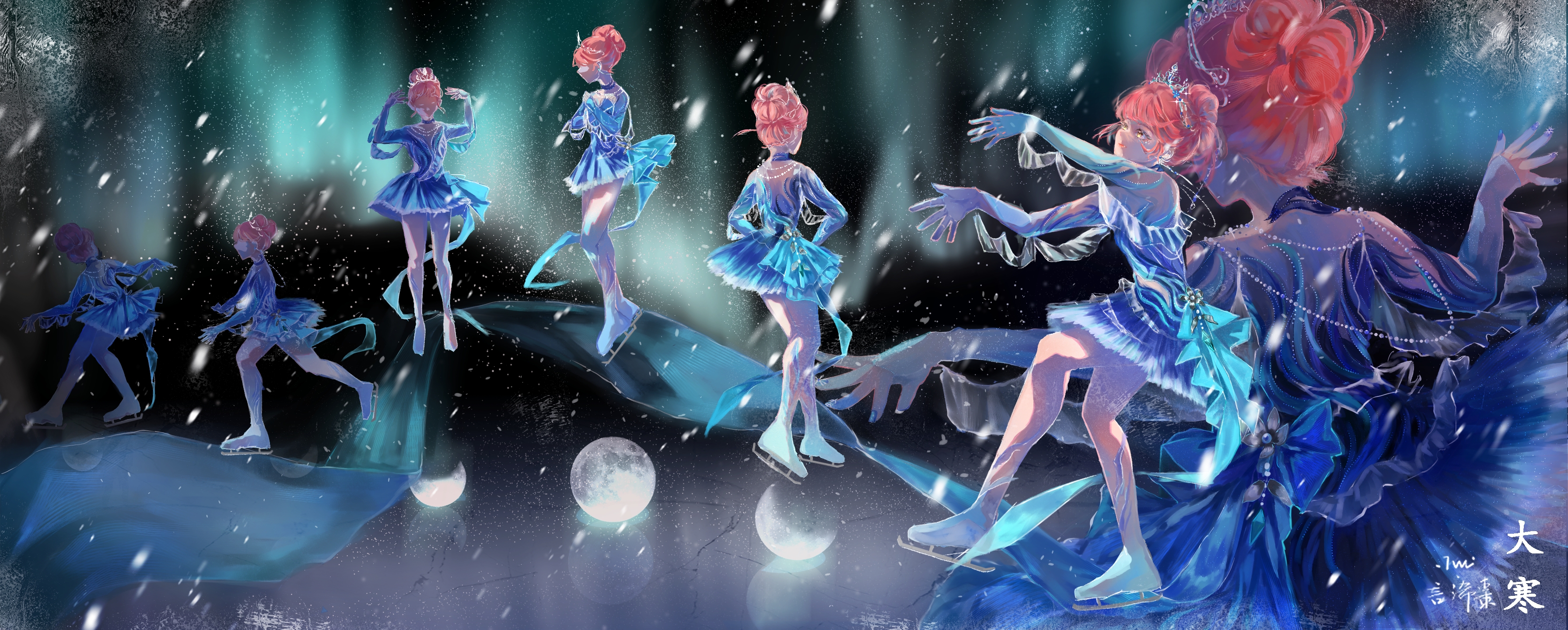 yanxizao00887, dancing in frost (infinity nikki), nikki (nikki), infinity nikki, nikki (series), absurdres, chinese commentary, commentary request, highres, 1girl, black sky, blue boots, blue bow, blue leotard, blue skirt, blue sleeves, boots, bow, brown eyes, dancing, detached sleeves, fingernails, from behind, from side, frostbite, hair bun, ice skates, ice skating, leotard, light particles, long sleeves, miniskirt, moon phases, night, outdoors, outstretched arm, pink hair, pleated skirt, progression, short hair, signature, single hair bun, skates, skating, skirt, sky, snowing, tiara, tutu, updo, waist bow, zoom layer