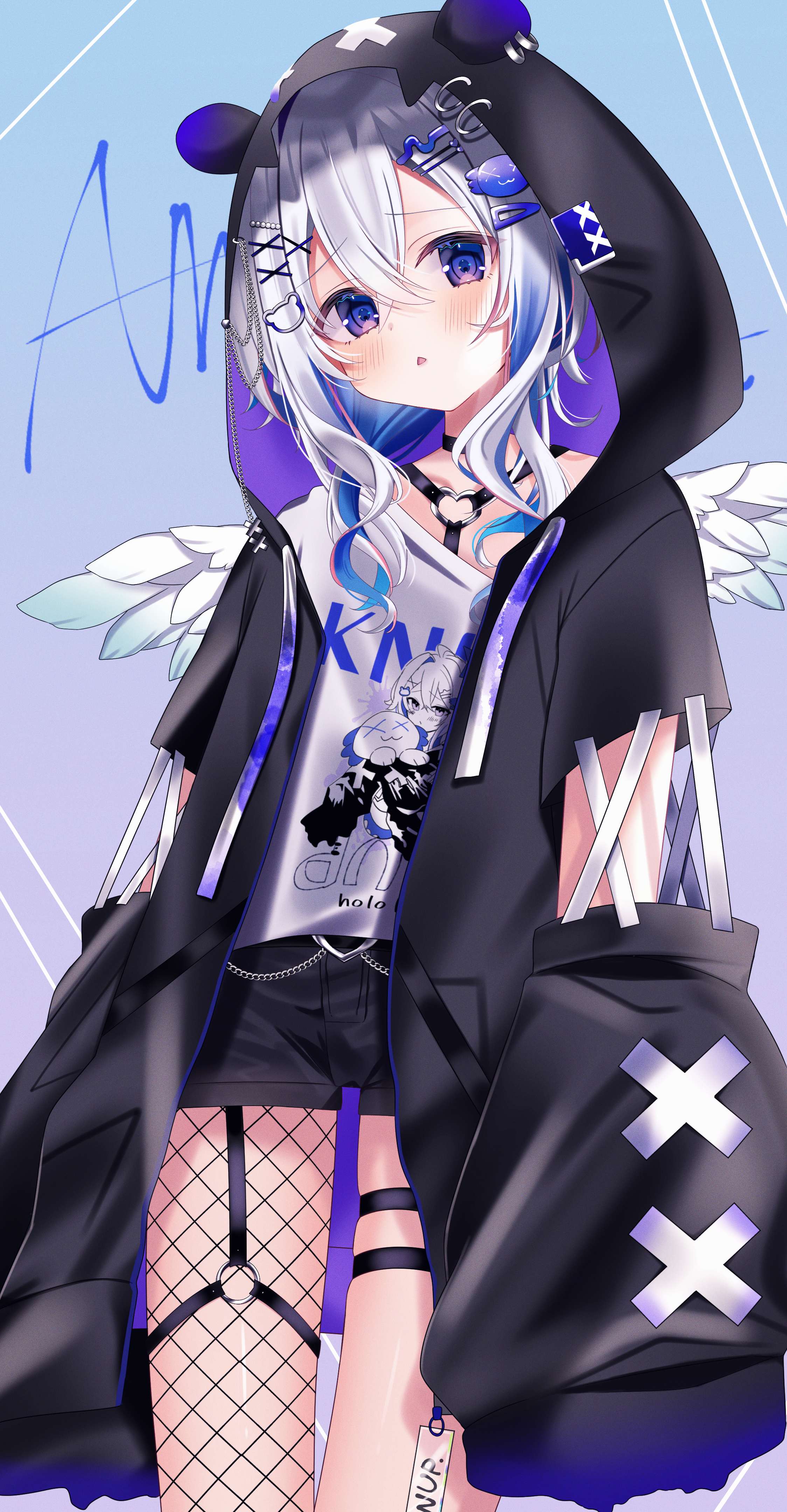 hosimiya yume, amane kanata, amane kanata (cutesy punk), hololive, absurdres, commentary, highres, symbol-only commentary, 1girl, angel, angel wings, black jacket, black shorts, blue hair, blush, fishnet thighhighs, fishnets, hair intakes, hair ornament, hairpin, jacket, looking at viewer, multicolored hair, o-ring, o-ring thigh strap, official alternate costume, open mouth, purple eyes, shirt, shorts, single thighhigh, solo, thigh strap, thighhighs, two-tone hair, virtual youtuber, white hair, white shirt, wings, x hair ornament