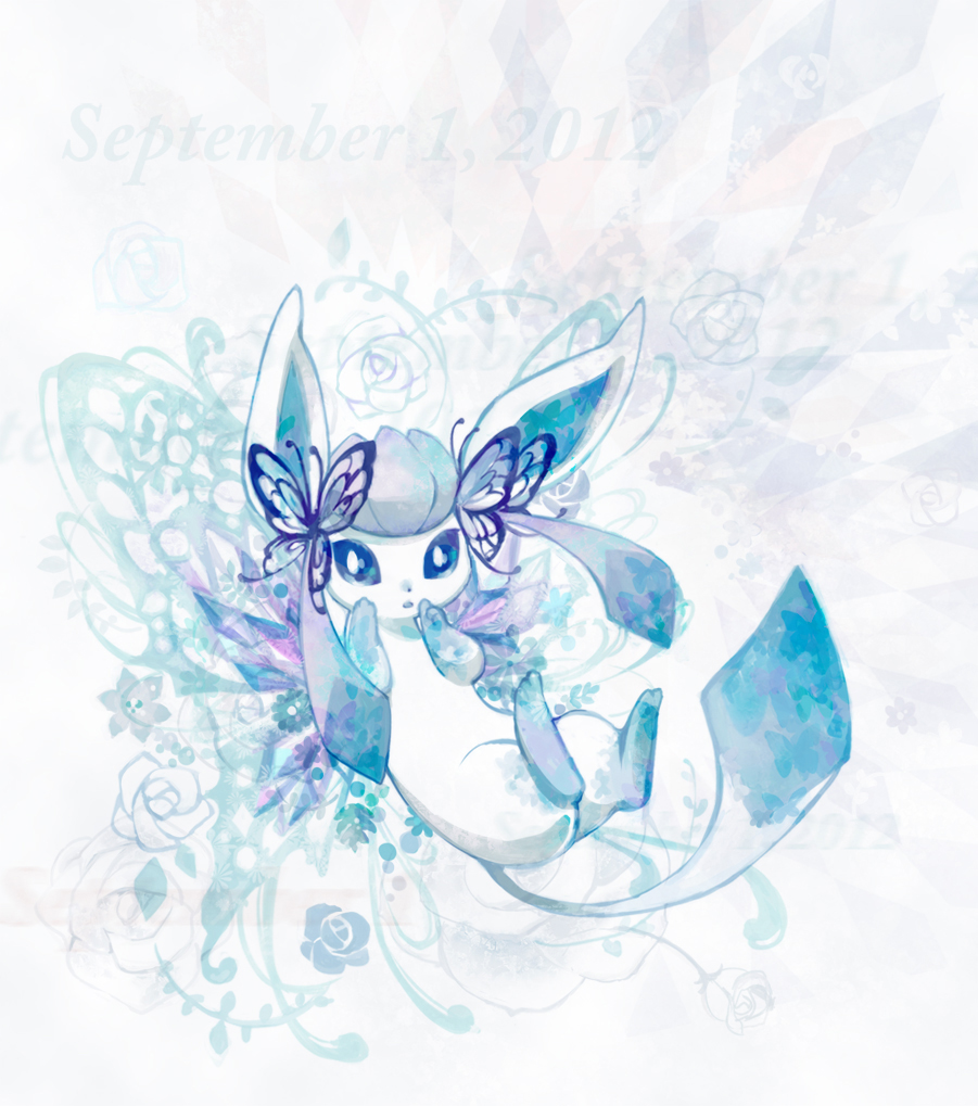 rikovui, glaceon, nintendo, pokemon, commentary request, blue eyes, butterfly hair ornament, butterfly wings, dated, flower, full body, gen 4 pokemon, hair ornament, insect wings, no humans, open mouth, pokemon (creature), pokemon focus, rose, solo, wings