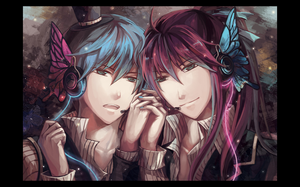 cocoons, kaito (vocaloid), kamui gakupo, magnet (vocaloid), vocaloid, bad id, bad pixiv id, 2boys, aqua eyes, bad anatomy, blue hair, butterfly hair ornament, butterfly wings, hair ornament, hat, headphones, headset, holding hands, insect wings, male focus, mini hat, mini top hat, multiple boys, nail polish, ponytail, purple hair, smile, top hat, wings, yaoi