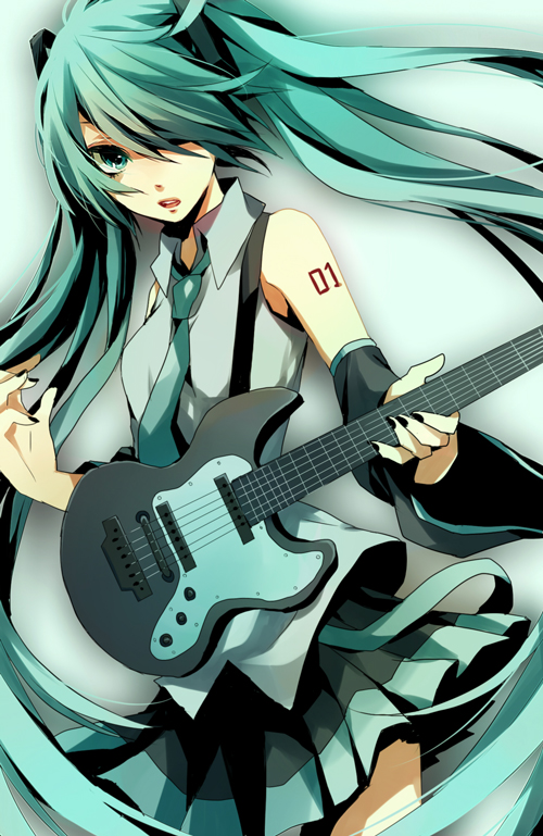 yuzuki karu, hatsune miku, vocaloid, bad id, bad pixiv id, 1girl, aqua eyes, aqua hair, detached sleeves, female focus, guitar, hair over one eye, instrument, long hair, necktie, skirt, solo, twintails, very long hair
