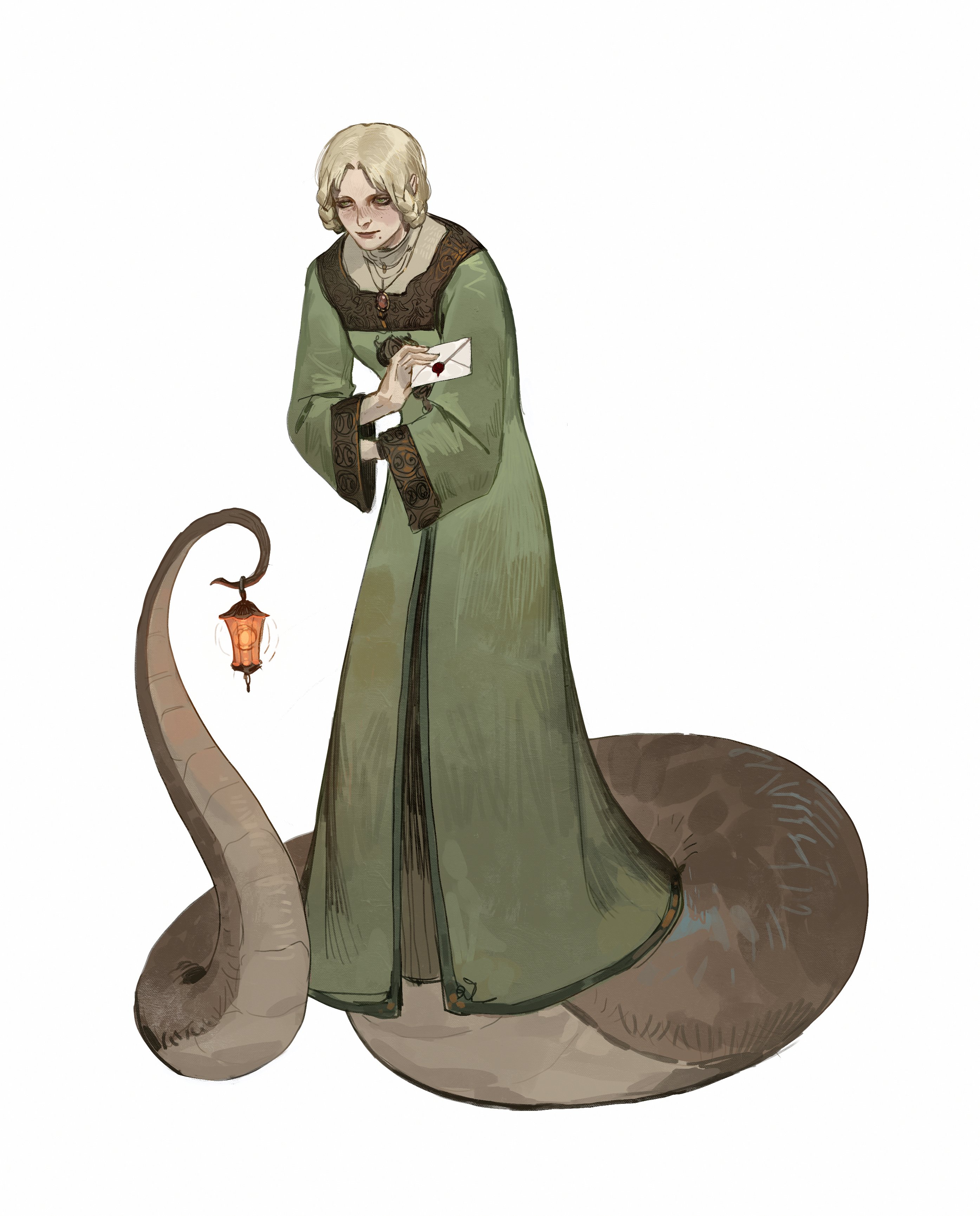 selann dw, rya (elden ring), elden ring, absurdres, commentary, english commentary, highres, 1girl, alternate form, blonde hair, braid, braided hair rings, dress, green dress, green eyes, hair rings, hands in opposite sleeves, holding, holding letter, hunched over, lamia, lantern, letter, lizard tail, long sleeves, looking at viewer, mole, mole under mouth, monster girl, no feet, ornate clothes, reptile girl, short hair, sleeves past wrists, snake girl, snake tail, solo, tail, wax seal, white background, wide sleeves