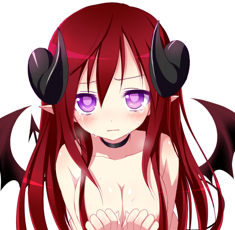 kuu (0427), original, 1girl, breasts, choker, cleavage, crying, crying with eyes open, demon girl, demon tail, demon wings, female focus, horns, large breasts, long hair, nude, pointy ears, purple eyes, red hair, solo, tail, tears, wings