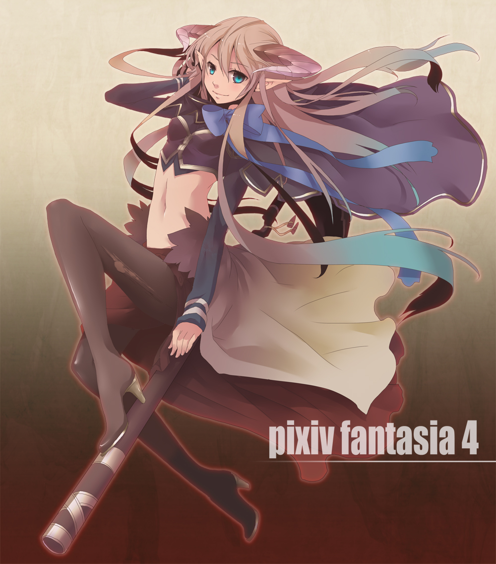 plastick, pixiv fantasia, pixiv fantasia 4, blue eyes, brown hair, horns, legs, midriff, navel, pointy ears, solo