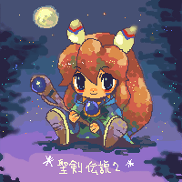 popoi (seiken densetsu 2), seiken densetsu, seiken densetsu 2, blue gem, artist request, bad id, commentary request, lowres, 1other, blue eyes, brooch, closed mouth, facepaint, feather hair ornament, feathers, full moon, gem, green robe, hair between eyes, hair ornament, holding, holding staff, jaggy lines, jewelry, long hair, moon, orange hair, other focus, robe, sitting, smile, solo, staff