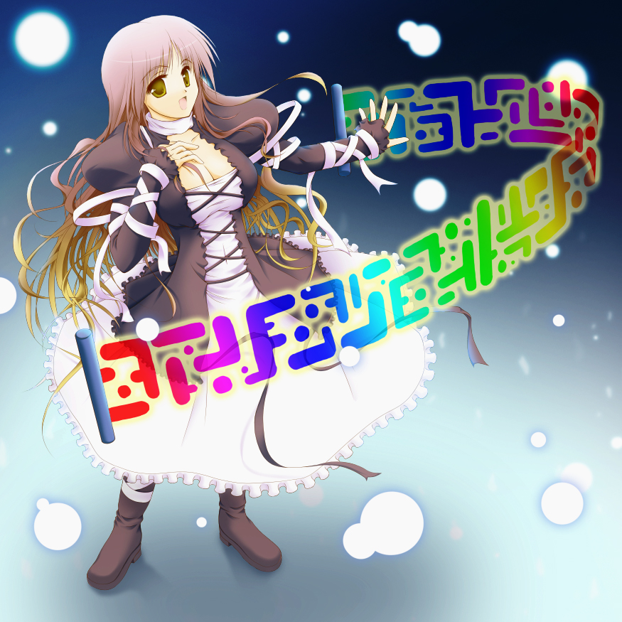 chroma, hijiri byakuren, touhou, bad id, bad pixiv id, 1girl, breasts, cleavage, dress, female focus, gradient hair, long hair, multicolored hair, scroll, solo, sorcerer's sutra scroll, yellow eyes