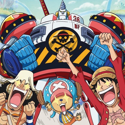 franky (one piece), monkey d. luffy, tony tony chopper, usopp, one piece, 4boys, beard, black hair, cyborg, facial hair, grin, happy, hat, looking at viewer, mecha, multiple boys, open mouth, robot, serious, smile, straw hat