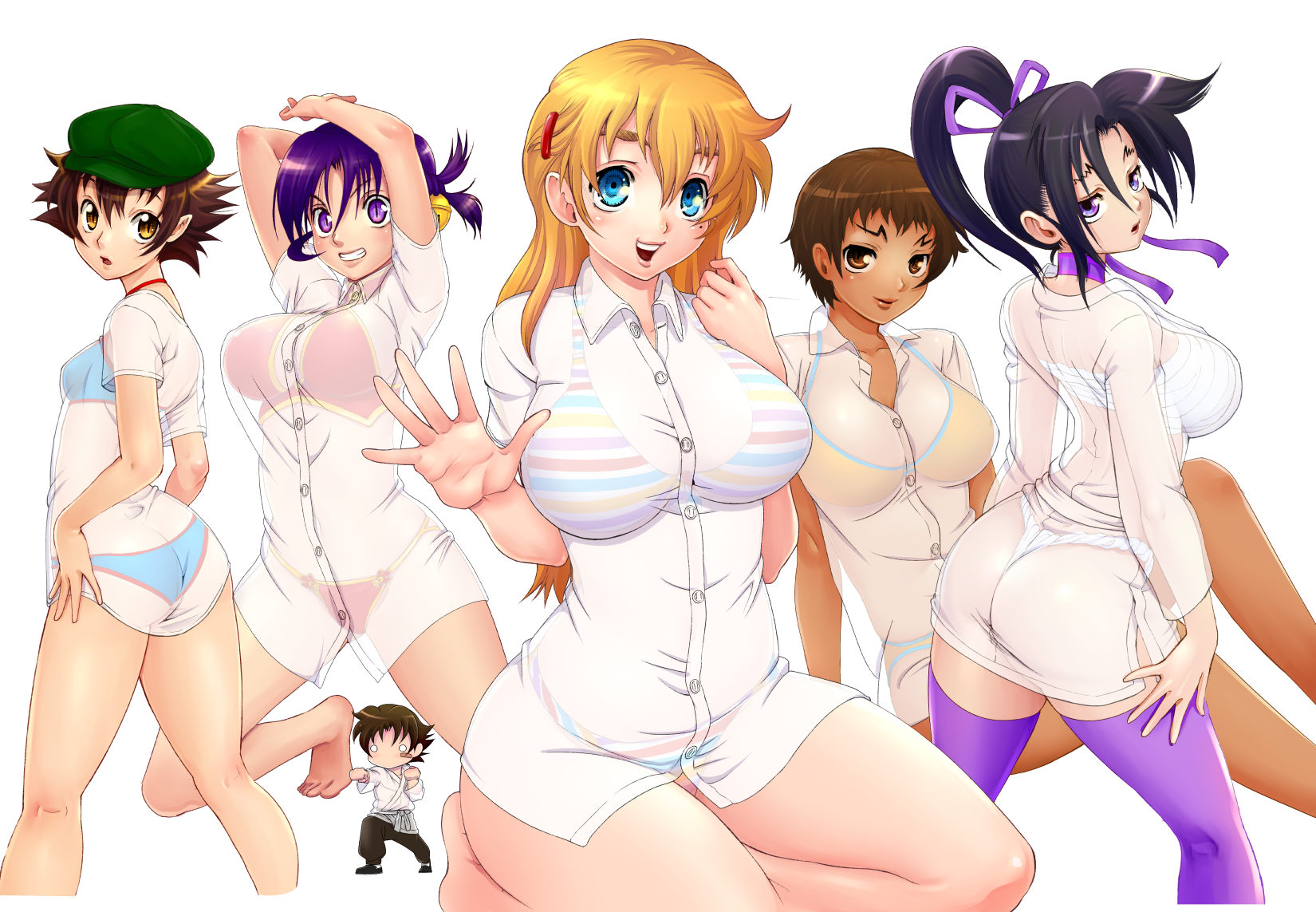 matsuena shun, fuurinji miu, kousaka shigure, kugatachi kaname, ma renka, nanjou kisara, shirahama ken'ichi, shijou saikyou no deshi ken'ichi, commentary request, highres, official art, 1boy, 5girls, arms up, ass, bell, bikini, bikini under clothes, blonde hair, blue bikini, blue eyes, braid, breasts, brown eyes, brown hair, butt crack, chest sarashi, cleavage, collared shirt, dark-skinned female, dark skin, dougi, fundoshi, green hat, grin, hair bell, hair between eyes, hair ornament, hair ribbon, hairclip, hat, high ponytail, japanese clothes, jingle bell, large breasts, long hair, long sleeves, looking at viewer, looking back, mole, mole under eye, multiple girls, open mouth, orange bikini, pants, ponytail, purple eyes, purple hair, purple ribbon, purple thighhighs, red bikini, ribbon, sarashi, see-through clothes, see-through shirt, seiza, shirt, short hair, simple background, sitting, slit pupils, small breasts, smile, striped bikini, striped clothes, swimsuit, thick thighs, thighhighs, thighs, white background, white shirt, wide hips
