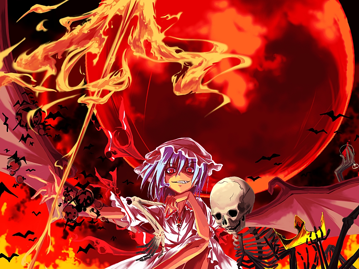sorano eika, remilia scarlet, touhou, 1girl, crown, female focus, fire, flaming weapon, full moon, moon, red moon, red theme, shaded face, skeleton, solo, spear the gungnir, weapon