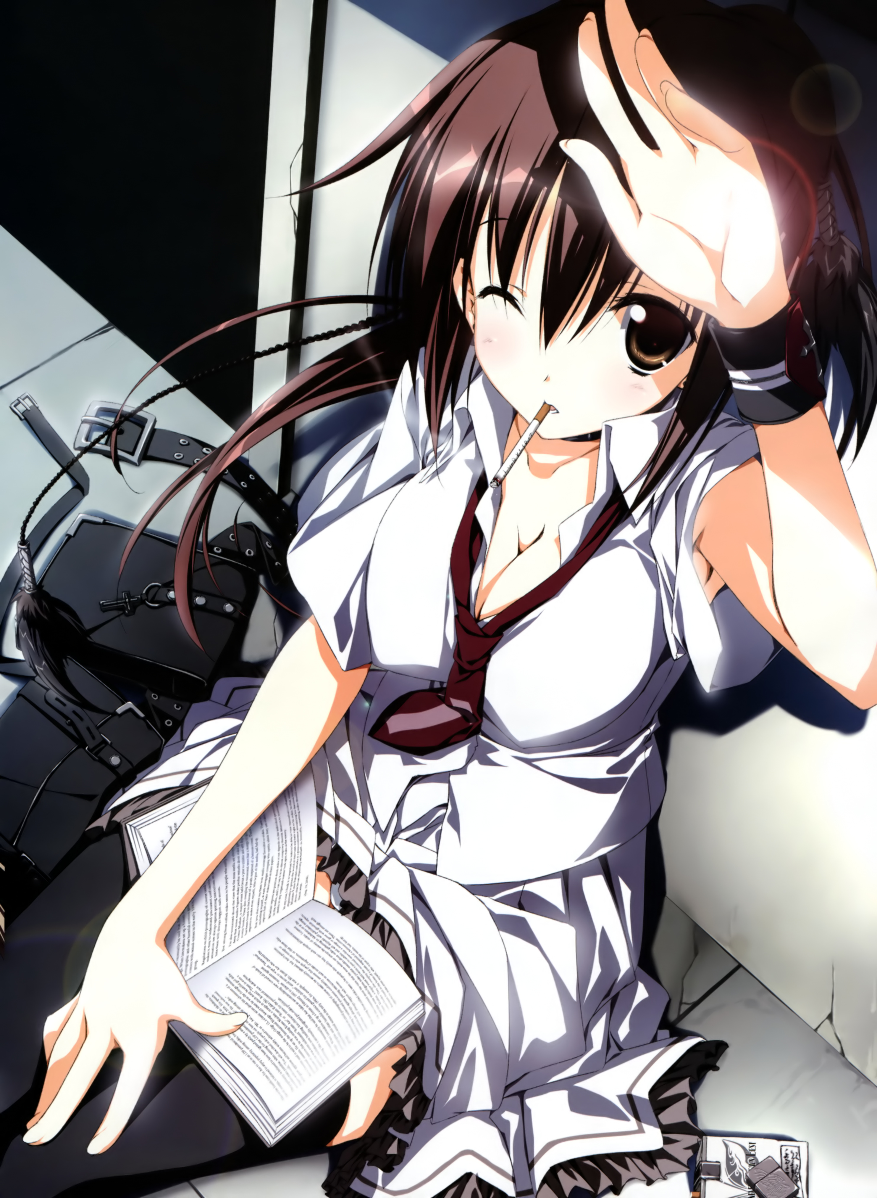 kagome (traumatize), minakami yuki, subarashiki hibi, absurdres, highres, 1girl, black thighhighs, book, breasts, brown eyes, brown hair, cigarette, cleavage, female focus, large breasts, long hair, mouth hold, necktie, one eye closed, panties, smoking, solo, thighhighs, underwear, white panties, wink