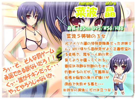 tomose shunsaku, nanami akira, boku to gonee to umi no year!!, official art, translation request, 1girl, bikini, breasts, character profile, chibi, chibi inset, cleavage, crossed arms, denim, dog tags, hands on own hips, jeans, large breasts, looking at viewer, pants, short hair, swimsuit, white bikini, zoom layer