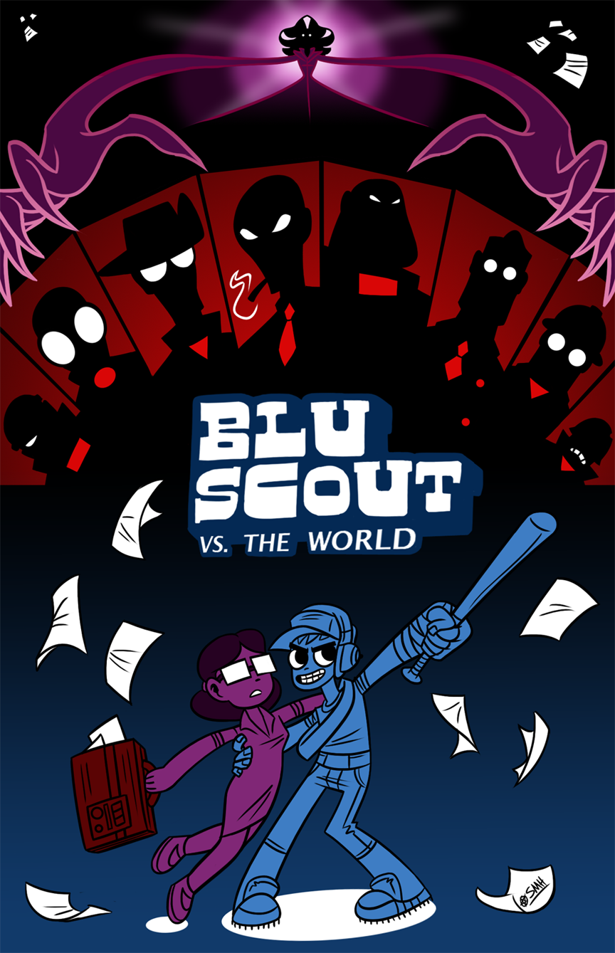blu scout (tf2), demoman (tf2), engineer (tf2), heavy (tf2), medic (tf2), miss pauling, pyro (tf2), red demoman (tf2), red engineer (tf2), red heavy (tf2), red medic (tf2), red pyro (tf2), red sniper (tf2), red soldier (tf2), red spy (tf2), scout (tf2), sniper (tf2), soldier (tf2), spy (tf2), scott pilgrim (comics), scott pilgrim (series), team fortress 2, commentary, english commentary, highres, 2girls, 6+boys, administrator (tf2), baseball bat, baseball cap, bobfleadip, briefcase, cowboy hat, dress, gas mask, glasses, hat, headset, helmet, holding, holding baseball bat, mask, multiple boys, multiple girls, one-eyed, pants, parody, shoes, short sleeves, smoking, sneakers, style parody, title parody