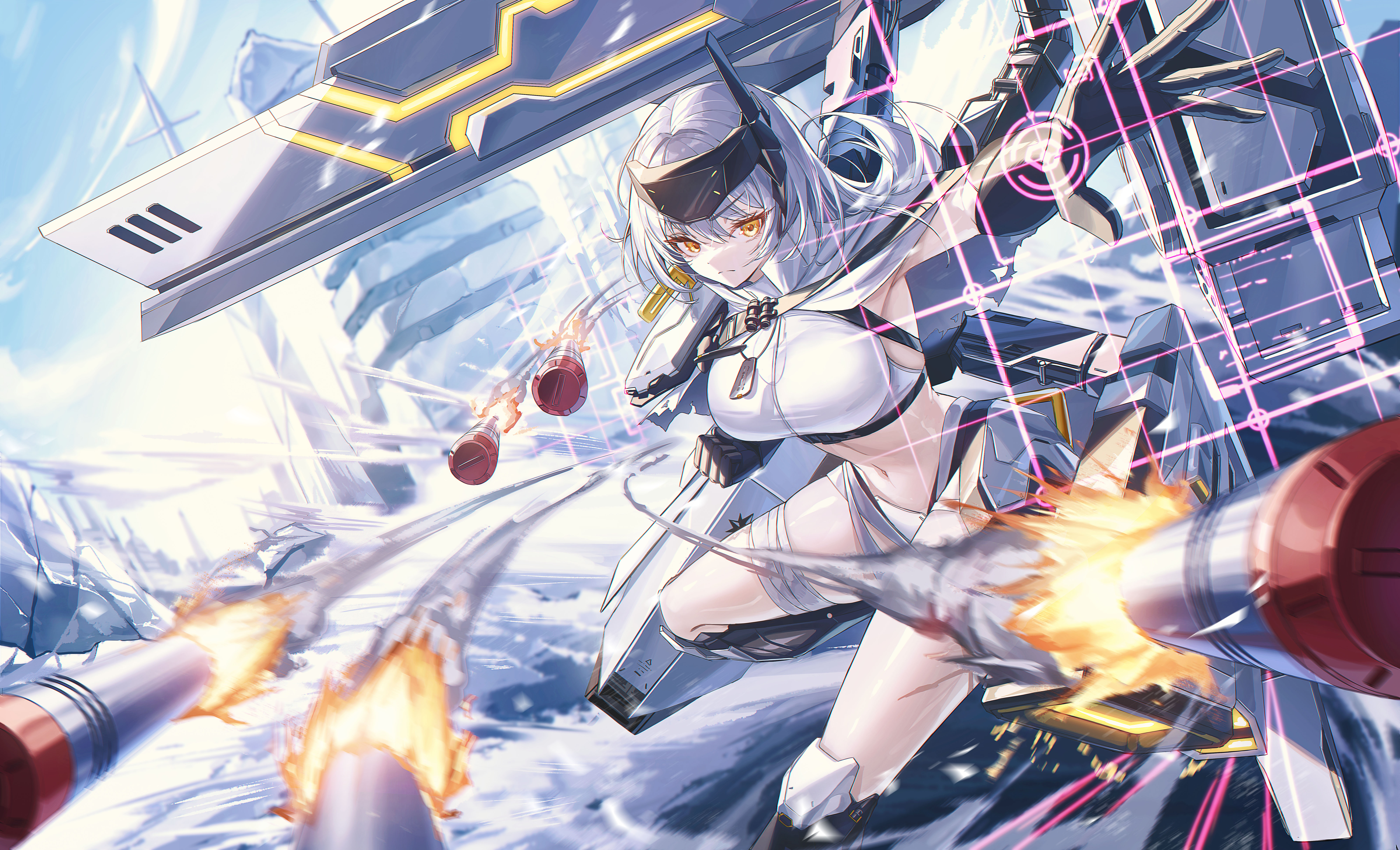 k0a, snow white (heavy arms) (nikke), snow white (nikke), goddess of victory: nikke, absurdres, commentary request, highres, 1girl, bandaged leg, bandages, black gloves, blue sky, breasts, cloak, crop top, gloves, head-mounted display, large breasts, long hair, midriff, missile, navel, scar, scar on leg, sky, solo, very long hair, white cloak, white hair, yellow eyes