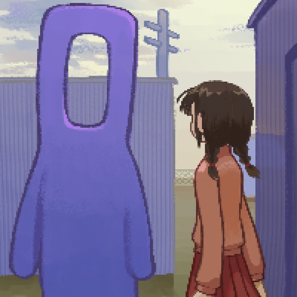 madotsuki, yume nikki, character request, 1girl, 1other, brown hair, in-universe location, looking at another, low twintails, nagatovolkov, outdoors, pink shirt, pixel art, pleated skirt, red skirt, shirt, skirt, standing, twintails, warehouse