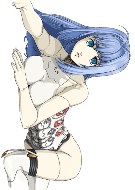 sonou, kos-mos, xenosaga, bad id, bad pixiv id, 00s, 1girl, @ @, android, bare shoulders, blue eyes, blue hair, doll joints, female focus, joints, long hair, lying, matching hair/eyes, on stomach, solo, thighhighs