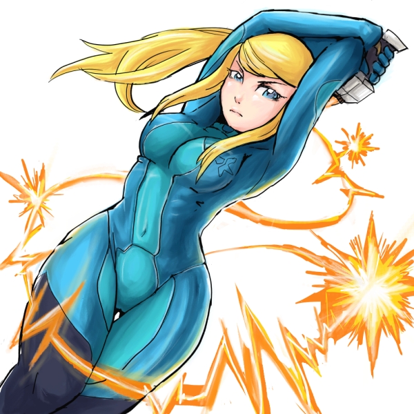 fu (oufu), samus aran, metroid, nintendo, super smash bros., 1girl, blonde hair, blue eyes, bodysuit, breasts, cameltoe, curvy, female focus, hip focus, latex, ponytail, solo, whip, wide hips, zero suit