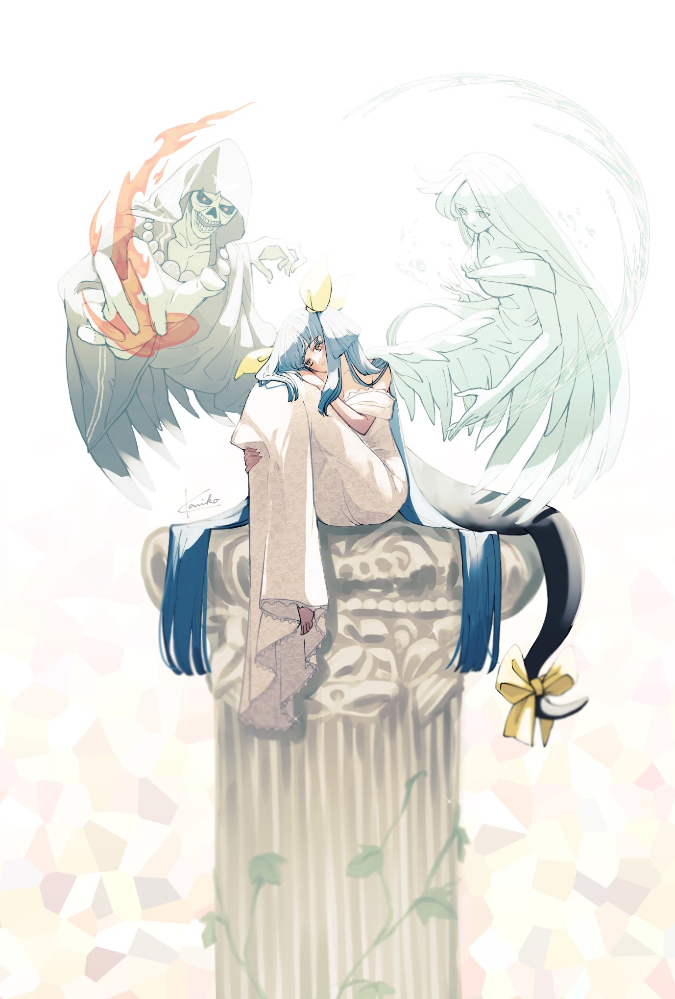 kanea (nikoinoillust), dizzy (guilty gear), necro (guilty gear), undine (guilty gear), guilty gear, guilty gear xrd, commentary request, highres, 1girl, angel wings, artist name, asymmetrical wings, bare shoulders, barefoot, blue hair, breasts, casting spell, cleavage, dress, feet, fetal position, fire, hair rings, hugging own legs, long dress, lying, monster girl, off-shoulder dress, off shoulder, pillar, red eyes, ribbon, shaded face, signature, simple background, sitting, sitting on object, sunlight, tail, tail ornament, tail ribbon, twintails, white background, wings