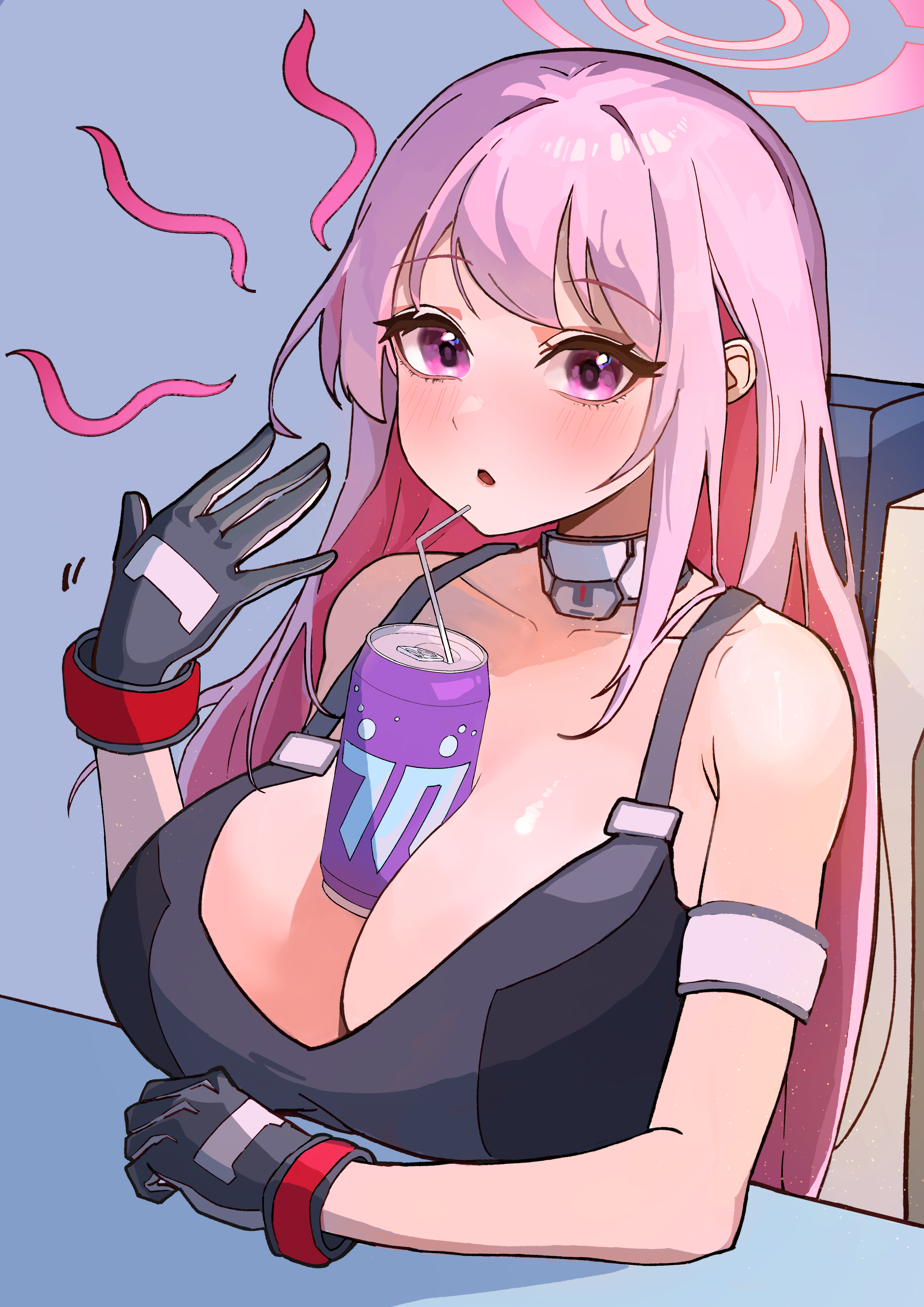 eimi (battlesuit) (blue archive), eimi (blue archive), blue archive, absurdres, commentary request, highres, 1girl, :o, bare shoulders, bendy straw, between breasts, black gloves, black sports bra, blush, breasts, bubble tea challenge, can, chair, cleavage, collarbone, crazydoufu, drink can, drinking straw, fanning self, gloves, hair between eyes, halo, hand up, huge breasts, long hair, looking at viewer, object on breast, official alternate costume, open mouth, pink hair, pink halo, purple eyes, shadow, sidelocks, simple background, sitting, soda can, solo, sports bra, upper body
