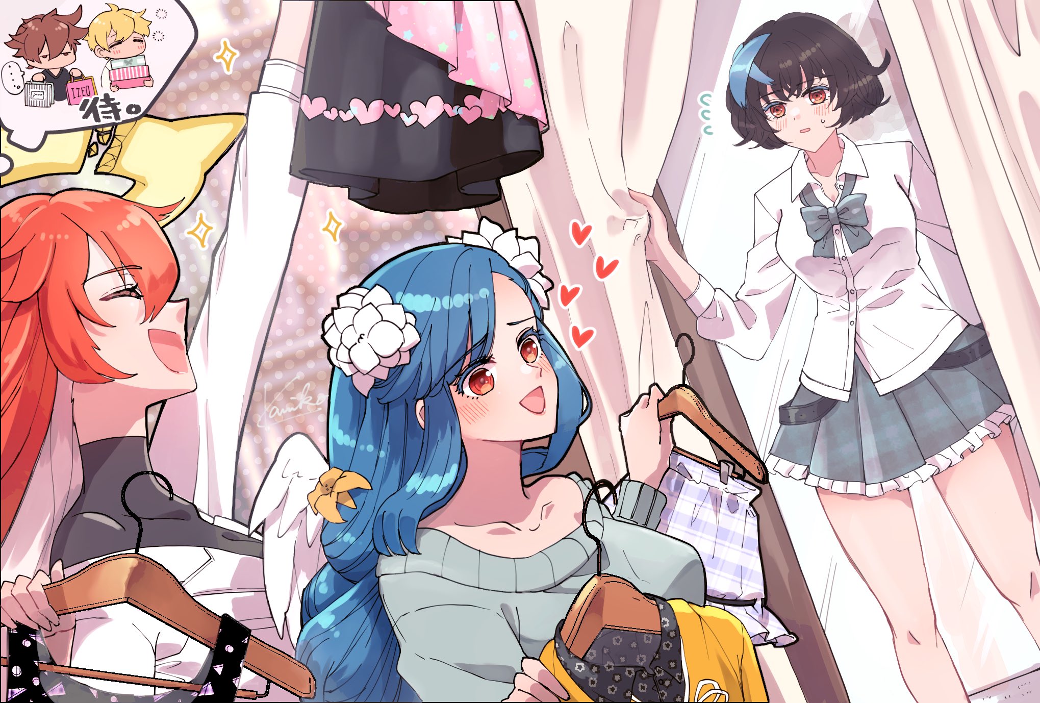kanea (nikoinoillust), dizzy (guilty gear), jack-o' valentine, ky kiske, queen dizzy, sol badguy, unika (guilty gear), guilty gear, guilty gear strive, commentary request, highres, 3girls, bag, belt, black hair, black jumpsuit, blue hair, blue streaks, braid, braided ponytail, breasts, broken halo, carrying, family, father and daughter, fitting room, flower, hair between eyes, hair flower, hair ornament, halo, heart, holding another's arm, husband and wife, jacket, jumpsuit, large breasts, long hair, miniskirt, mother and daughter, multicolored hair, multiple girls, open mouth, orange jacket, pleated skirt, red hair, shopping, shopping bag, short hair, sidelocks, skirt, smile, sparkle, spiked halo, spoken heart, star (symbol), streaked hair, sweater, swept bangs, tail, two-tone hair, white hair