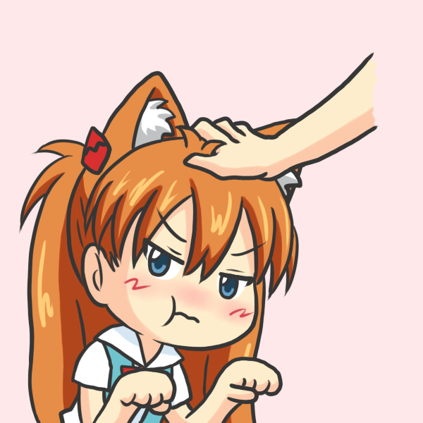 yunkaasu (kakushiaji), souryuu asuka langley, neon genesis evangelion, 1girl, :t, animal ears, blue eyes, blush, cat ears, chibi, extra ears, head pat, headpat, kemonomimi mode, long hair, orange hair, paw pose, red hair, solo focus
