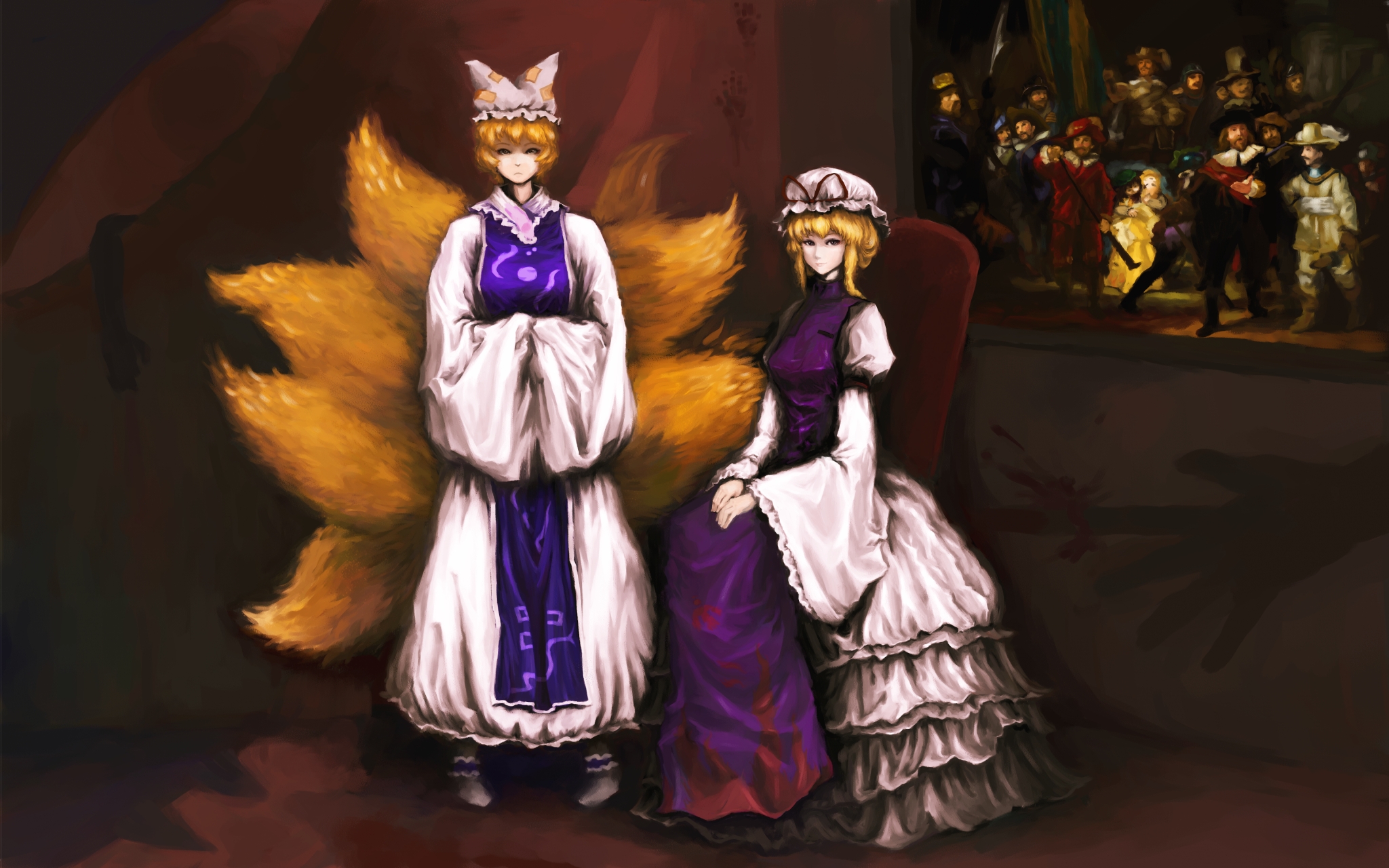 neko banban, chen, yakumo ran, yakumo yukari, touhou, bad id, bad pixiv id, highres, 2girls, animal ears, blood, brown hair, female focus, fine art parody, fox ears, fox tail, gap (touhou), hat, long hair, multiple girls, multiple tails, painting (object), parody, purple eyes, short hair, tail, when you see it, yellow eyes