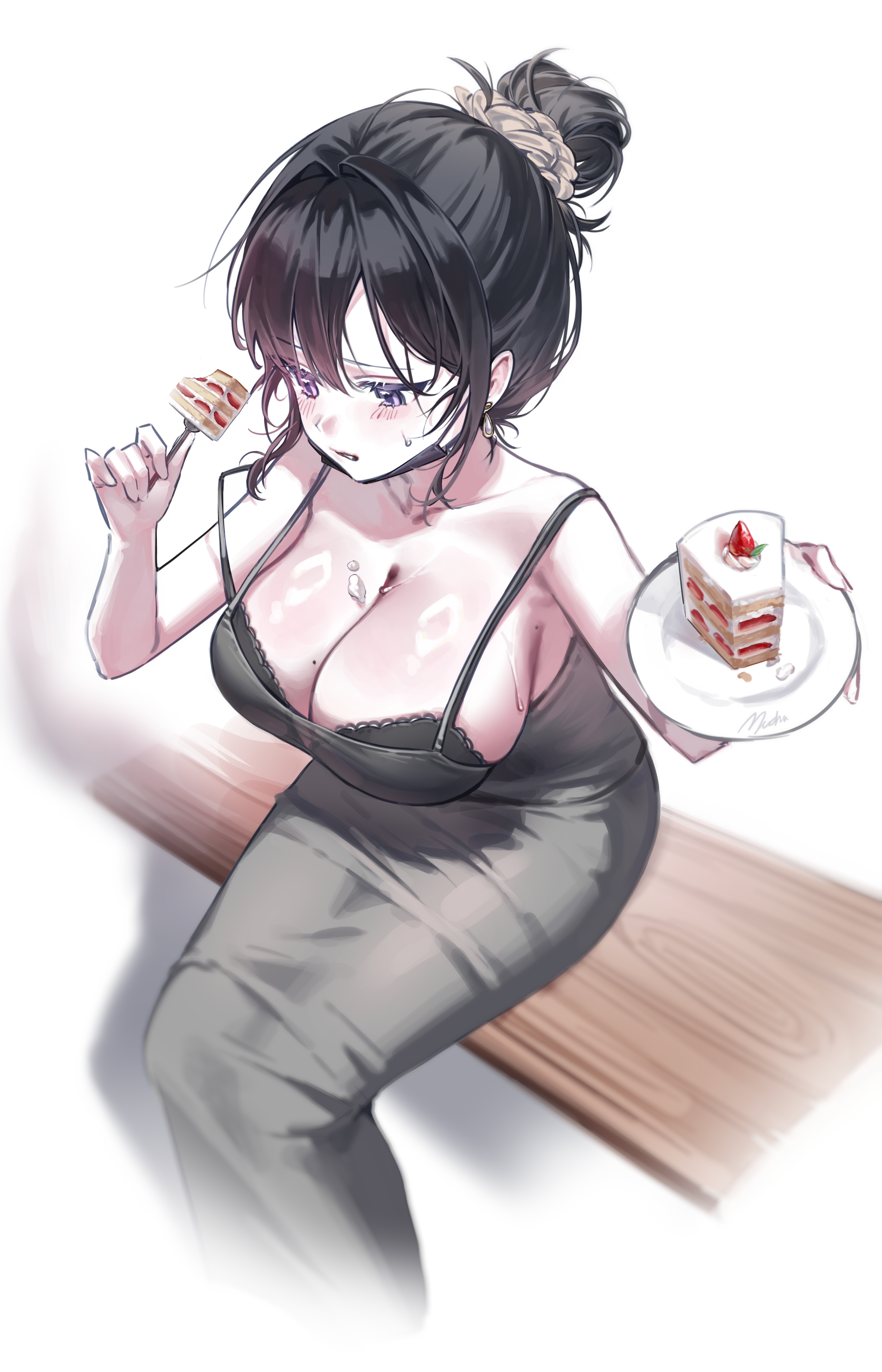 indie virtual youtuber, absurdres, character request, commentary, highres, 1girl, averting eyes, bench, black bra, black hair, bowl, bra, breasts, cake, cake slice, cleavage, cropped legs, dongtan dress, dress, earrings, food, fork, from above, fruit, grey dress, hair bun, hands up, holding, holding fork, jewelry, jiajia 0425, large breasts, on bench, parted bangs, parted lips, pet bowl, purple eyes, reaching, reaching towards viewer, shiny skin, simple background, single hair bun, sitting, solo, strawberry, strawberry cake, sweat, underwear, virtual youtuber, white background, wooden bench