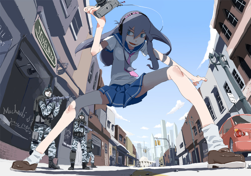 keisan, original, 1girl, 3boys, black hair, building, camera, car, day, from below, gun, headphones, helmet, legs, military, military uniform, motor vehicle, multiple boys, necktie, perspective, school uniform, serafuku, shadow, shoes, skirt, sky, smile, soldier, traffic light, weapon