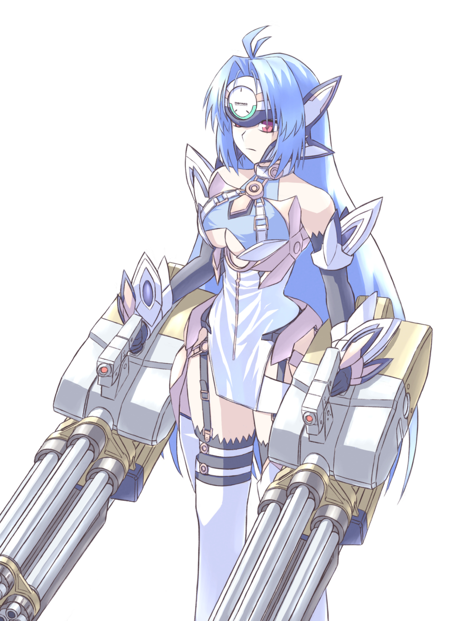 keints, kos-mos, kos-mos ver. 4, xenosaga, xenosaga episode iii, commentary, highres, 1girl, android, bare shoulders, blue hair, breasts, cleavage, cleavage cutout, closed mouth, clothing cutout, forehead protector, garter straps, gun, large breasts, long hair, looking ahead, machine gun, red eyes, simple background, solo, standing, weapon, white background
